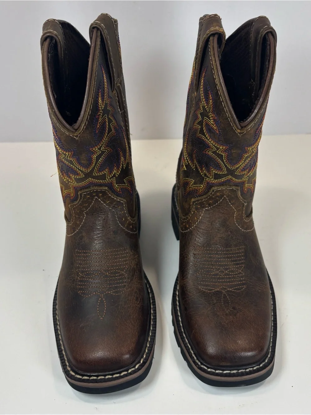Justin Embroidered Western Boots Junior Sz 12.5 D Brown Leather Kids Square Toe